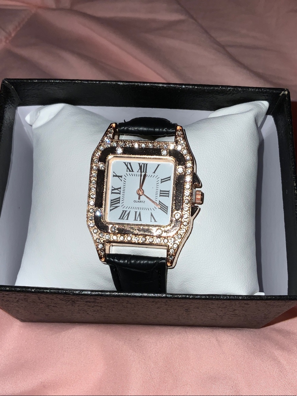 Elegant Rose Gold Crystal Square Watch with Black Leather Strap